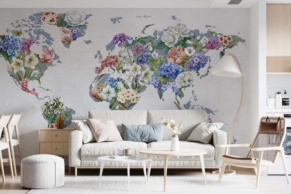 Carta da parati Una mappa del mondo colorata, realizzata con una varietà di fiori dai colori vivaci, Carta da parati Buffer, c00006 : Uwalls.it