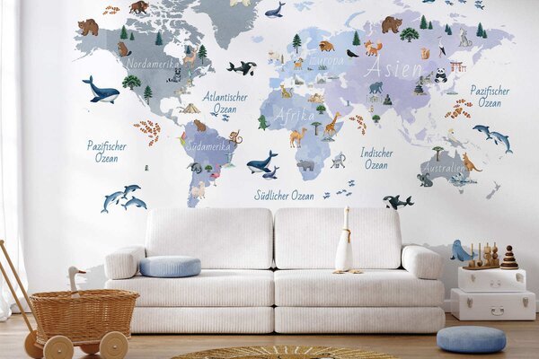 Carta da parati Una mappa blu in stile acquerello con animali, piante ed edifici. Didascalie, Carta da parati Mappa del Mondo, c00009dev1 : Uwalls.it