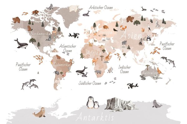 Carta da parati Una mappa in stile acquerello dai toni del beige con animali, piante ed, Carta da parati Mappa del Mondo, c00009dev3 : Uwalls.it