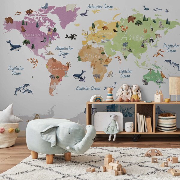 Carta da parati Una mappa a colori in stile acquerello che raffigura animali, piante ed, Carta da parati Mappa del Mondo, c00009de : Uwalls.it