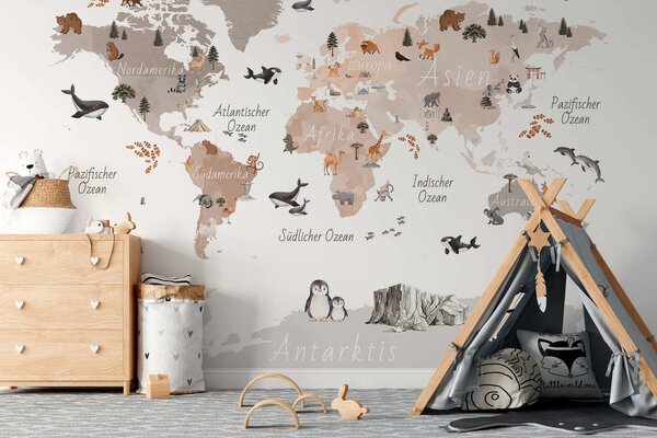 Carta da parati Una mappa in stile acquerello dai toni del beige con animali, piante ed, Carta da parati Mappa del Mondo, c00009dev3 : Uwalls.it