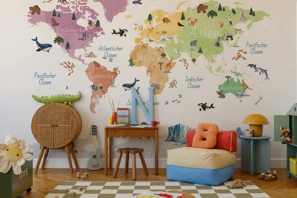 Carta da parati Una mappa a colori in stile acquerello che raffigura animali, piante ed, Carta da parati Mappa del Mondo, c00009de : Uwalls.it