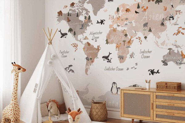 Carta da parati Una mappa in stile acquerello dai toni del beige con animali, piante ed, Carta da parati Mappa del Mondo, c00009dev3 : Uwalls.it