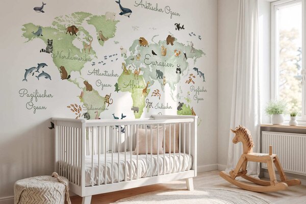 Carta da parati Una mappa verde in stile acquerello con animali. Dettagli in tedesco, Carta da parati per Bambini, c00012dev2 : Uwalls.it