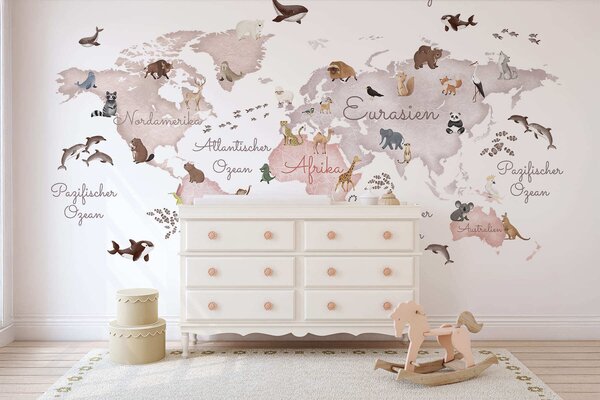 Carta da parati Una mappa in stile acquerello dai toni del beige con immagini di animali., Carta da parati per Bambini, c00012dev3 : Uwalls.it