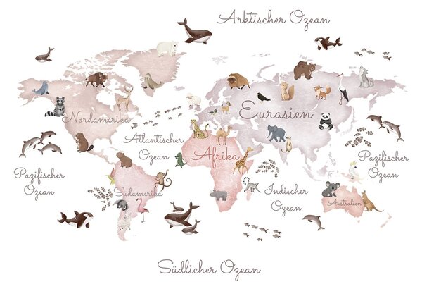 Carta da parati Una mappa in stile acquerello dai toni del beige con immagini di animali., Carta da parati per Bambini, c00012dev3 : Uwalls.it