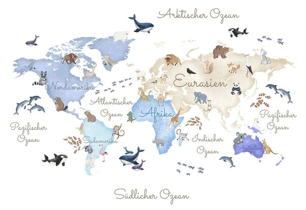 Carta da parati Una mappa blu in stile acquerello con animali. Etichette in tedesco, Carta da parati per Bambini, c00012dev1 : Uwalls.it