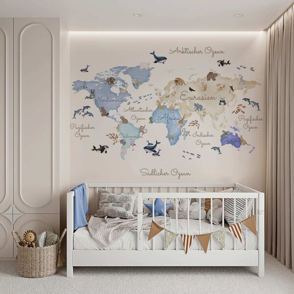 Carta da parati Una mappa blu in stile acquerello con animali. Etichette in tedesco, Carta da parati per Bambini, c00012dev1 : Uwalls.it