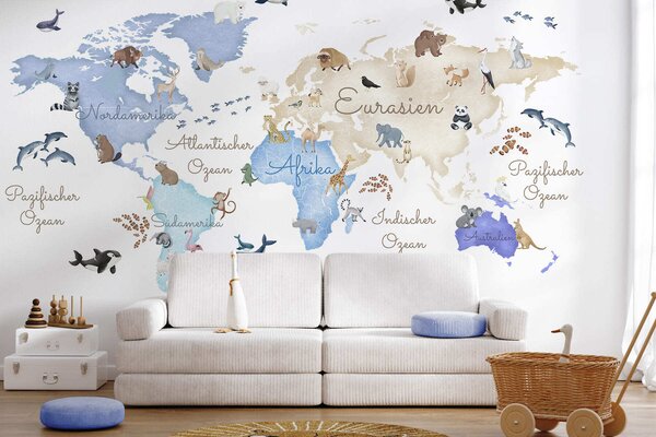 Carta da parati Una mappa blu in stile acquerello con animali. Etichette in tedesco, Carta da parati per Bambini, c00012dev1 : Uwalls.it