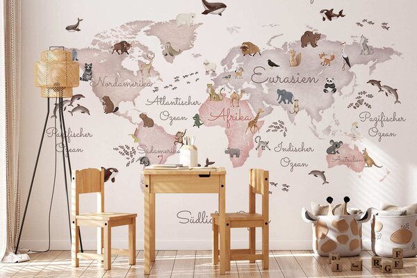 Carta da parati Una mappa in stile acquerello dai toni del beige con immagini di animali., Carta da parati per Bambini, c00012dev3 : Uwalls.it