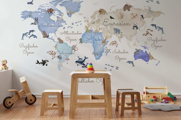 Carta da parati Una mappa blu in stile acquerello con animali. Etichette in tedesco, Carta da parati per Bambini, c00012dev1 : Uwalls.it
