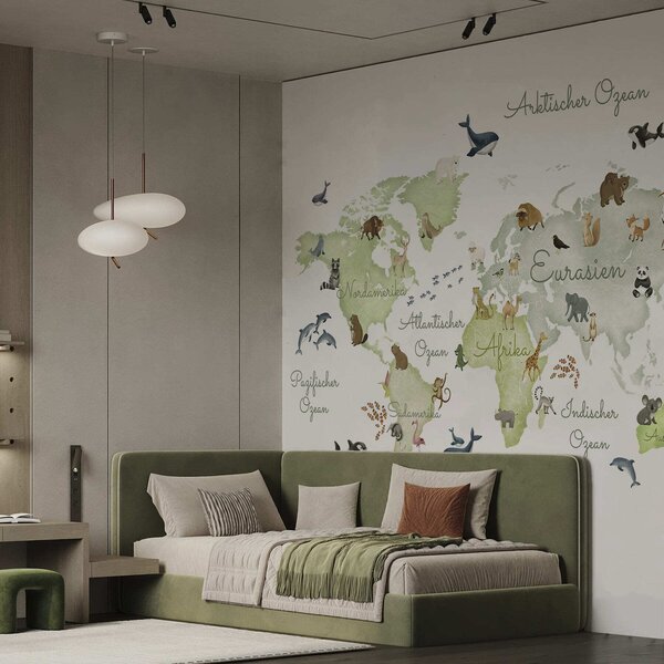 Carta da parati Una mappa verde in stile acquerello con animali. Dettagli in tedesco, Carta da parati per Bambini, c00012dev2 : Uwalls.it