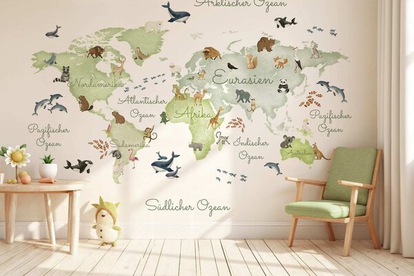 Carta da parati Una mappa verde in stile acquerello con animali. Dettagli in tedesco, Carta da parati per Bambini, c00012dev2 : Uwalls.it
