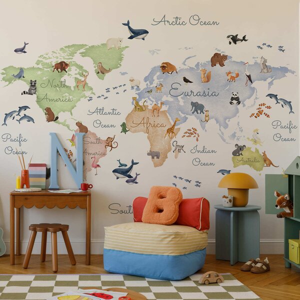 Carta da parati Una mappa a colori in stile acquerello con immagini di animali. Didascalie in, Carta da parati Mappa del Mondo, c00012en : Uwalls.it