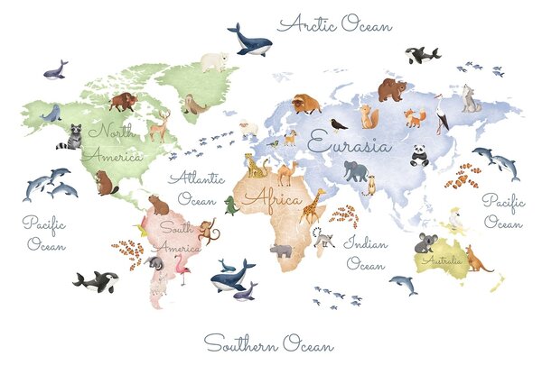 Carta da parati Una mappa a colori in stile acquerello con immagini di animali. Didascalie in, Carta da parati Mappa del Mondo, c00012en : Uwalls.it