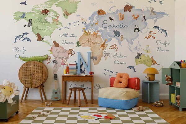 Carta da parati Una mappa a colori in stile acquerello con immagini di animali. Didascalie in, Carta da parati Mappa del Mondo, c00012en : Uwalls.it