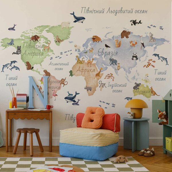 Carta da parati Una mappa a colori in stile acquerello con immagini di animali. Didascalie in, Carta da parati Mappa del Mondo, c00012uk : Uwalls.it