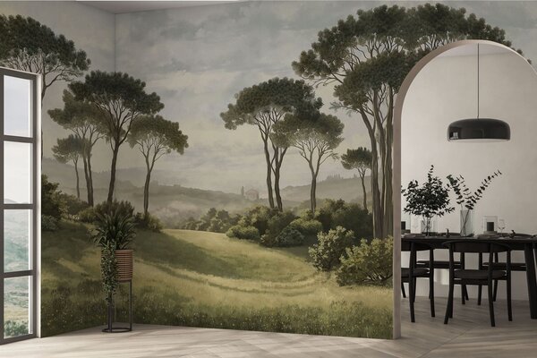 Carta da parati Paesaggio con alberi, prato e foschia in lontananza, Carta da parati Natura, w05122v1 : Uwalls.it