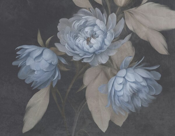 Carta da parati Fiori di peonia azzurri con texture e foglie beige su uno sfondo scuro, Carta da parati Buffer, w09751 : Uwalls.it