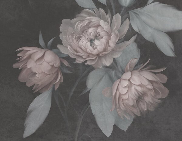 Carta da parati Fiori di peonia rosa chiaro con texture e foglie verde tenue su uno sfondo scuro, Carta da parati Buffer, w09751v1 : Uwalls.it
