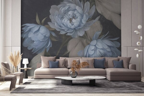 Carta da parati Fiori di peonia azzurri con texture e foglie beige su uno sfondo scuro, Carta da parati Buffer, w09751 : Uwalls.it