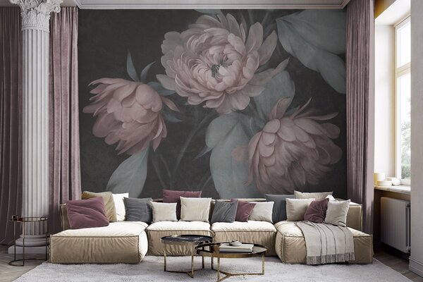 Carta da parati Fiori di peonia rosa chiaro con texture e foglie verde tenue su uno sfondo scuro, Carta da parati Buffer, w09751v1 : Uwalls.it