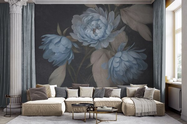 Carta da parati Fiori di peonia azzurri con texture e foglie beige su uno sfondo scuro, Carta da parati Buffer, w09751 : Uwalls.it