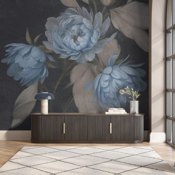 Carta da parati Fiori di peonia azzurri con texture e foglie beige su uno sfondo scuro, Carta da parati Buffer, w09751 : Uwalls.it