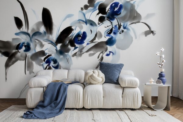 Carta da parati eleganti fiori astratti in stile acquerello orientale con tocchi di blu e nero, orchidee, Carta da parati Floreale, w09797 : Uwalls.it