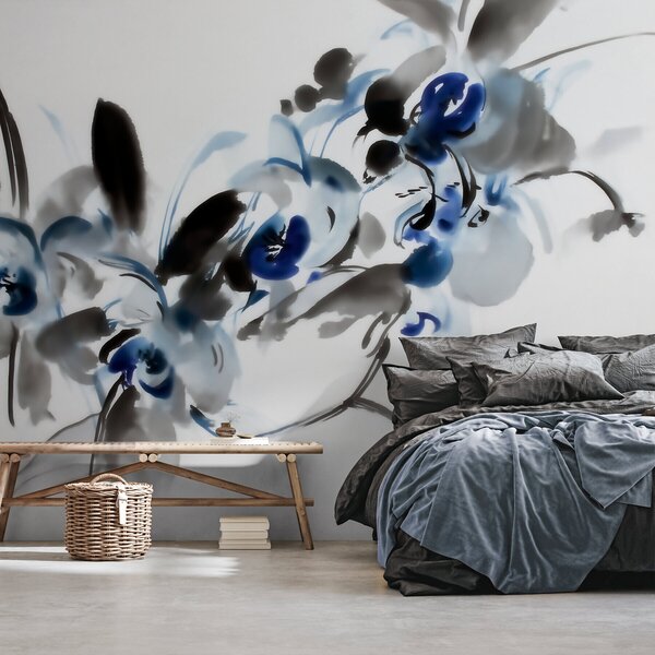 Carta da parati eleganti fiori astratti in stile acquerello orientale con tocchi di blu e nero, orchidee, Carta da parati Floreale, w09797 : Uwalls.it