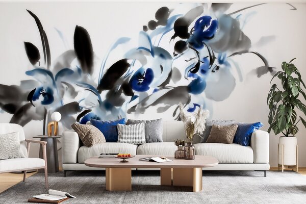 Carta da parati eleganti fiori astratti in stile acquerello orientale con tocchi di blu e nero, orchidee, Carta da parati Floreale, w09797 : Uwalls.it