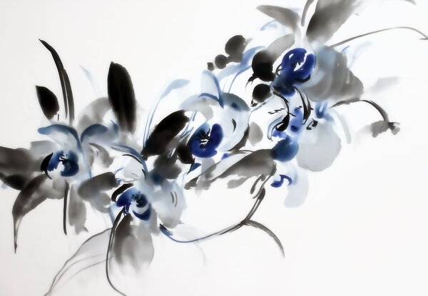 Carta da parati eleganti fiori astratti in stile acquerello orientale con tocchi di blu e nero, orchidee, Carta da parati Floreale, w09797 : Uwalls.it