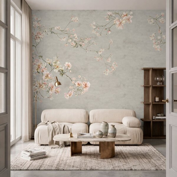 Carta da parati Rami floreali in stile chinoiserie su sfondo grigio, Carta da parati Vintage, w05427v1 : Uwalls.it