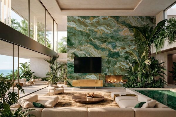 Carta da parati Struttura in onice verde con venature sinuose a strati, Carta da parati lastrazione, w05429 : Uwalls.it
