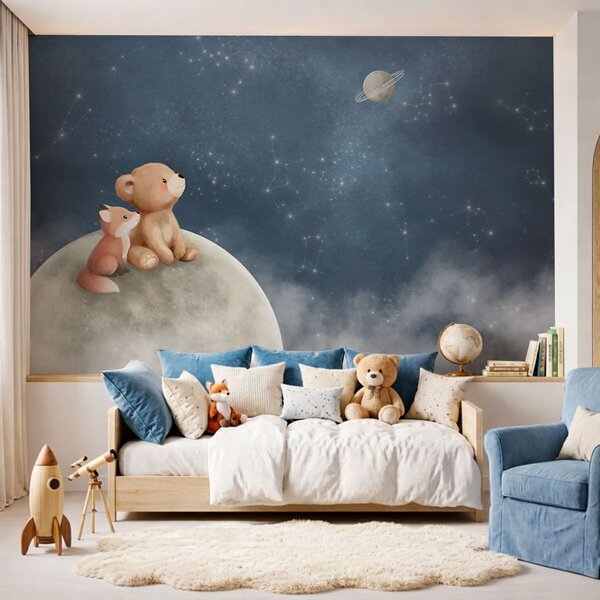 Carta da parati Illustrazione a pastello con orso e volpe sotto il cielo notturno, Carta da parati per Bambini, w05431 : Uwalls.it