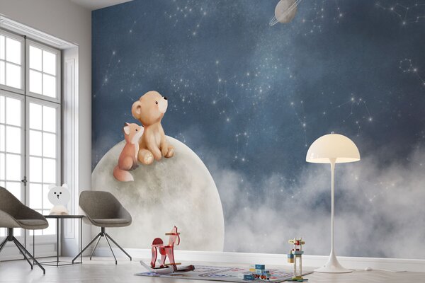 Carta da parati Illustrazione a pastello con orso e volpe sotto il cielo notturno, Carta da parati per Bambini, w05431 : Uwalls.it