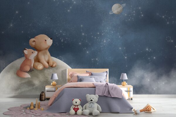 Carta da parati Illustrazione a pastello con orso e volpe sotto il cielo notturno, Carta da parati per Bambini, w05431 : Uwalls.it