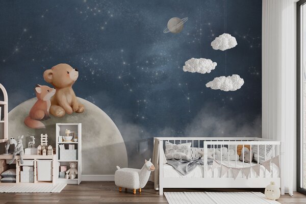 Carta da parati Illustrazione a pastello con orso e volpe sotto il cielo notturno, Carta da parati per Bambini, w05431 : Uwalls.it