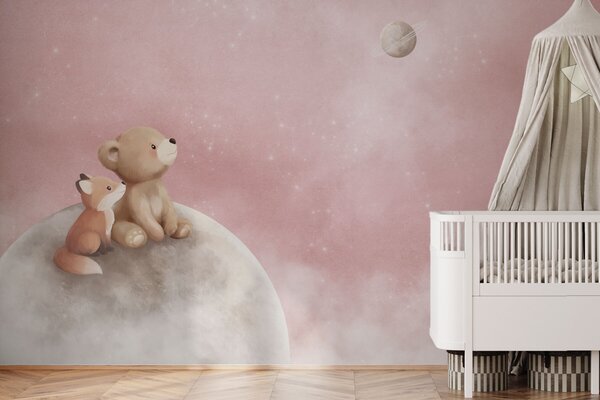 Carta da parati Illustrazione a pastello con un orso e una volpe su uno sfondo rosa con la luna, Carta da parati per Bambini, w05431v2 : Uwalls.it