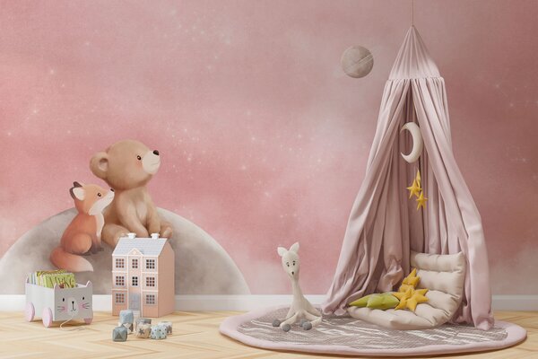 Carta da parati Illustrazione a pastello con un orso e una volpe su uno sfondo rosa con la luna, Carta da parati per Bambini, w05431v2 : Uwalls.it