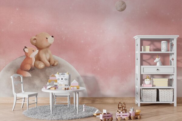 Carta da parati Illustrazione a pastello con un orso e una volpe su uno sfondo rosa con la luna, Carta da parati per Bambini, w05431v2 : Uwalls.it