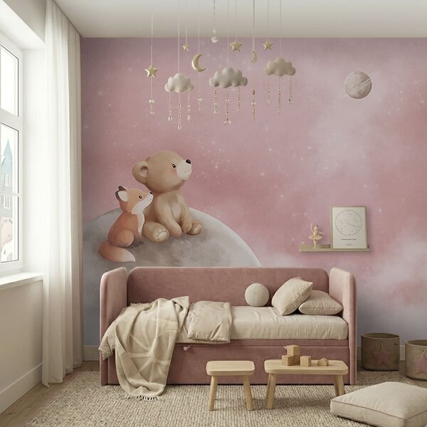 Carta da parati Illustrazione a pastello con un orso e una volpe su uno sfondo rosa con la luna, Carta da parati per Bambini, w05431v2 : Uwalls.it