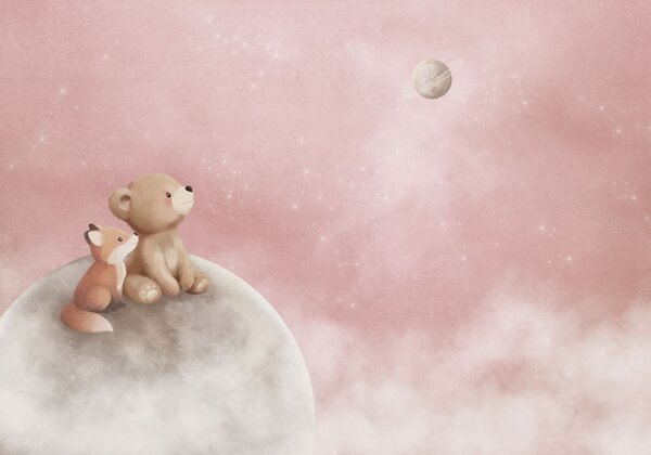 Carta da parati Illustrazione a pastello con un orso e una volpe su uno sfondo rosa con la luna, Carta da parati per Bambini, w05431v2 : Uwalls.it