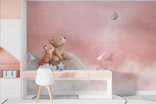 Carta da parati Illustrazione a pastello con un orso e una volpe su uno sfondo rosa con la luna, Carta da parati per Bambini, w05431v2 : Uwalls.it