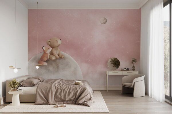Carta da parati Illustrazione a pastello con un orso e una volpe su uno sfondo rosa con la luna, Carta da parati per Bambini, w05431v2 : Uwalls.it