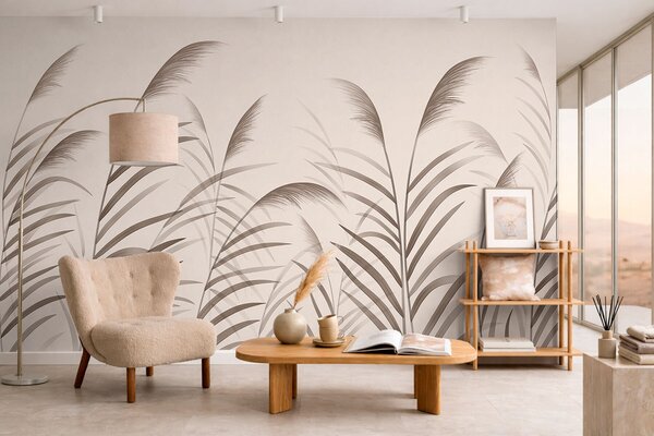 Carta da parati Silhouette minimaliste in stile "reed" nei toni del beige, Carta da parati Buffer, w05432 : Uwalls.it
