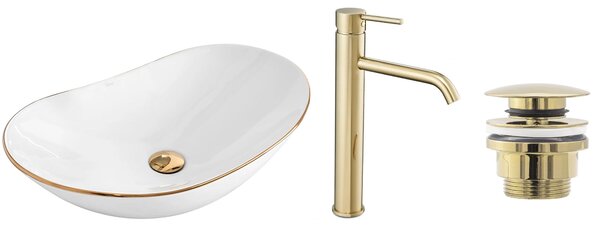 Set Lavabo da appoggio Royal gold edge + Rubinetto da bagno Lungo gold + Tappo gold