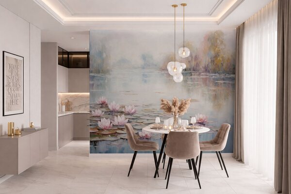 Carta da parati Lago impressionista con ninfee e luce soffusa, Carta da parati Buffer, w05515 : Uwalls.it