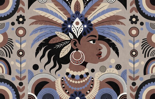 Carta da parati un elegante design di ispirazione africana nei toni del blu e del, Carta da parati fotografica in stile etnico, w05389 : Uwalls.it