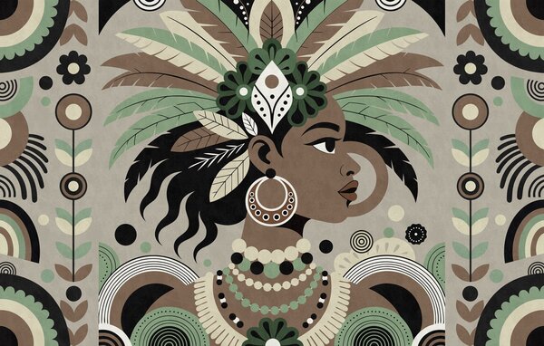 Carta da parati un elegante design di ispirazione africana nei toni del verde, del, Carta da parati fotografica in stile etnico, w05389v1 : Uwalls.it